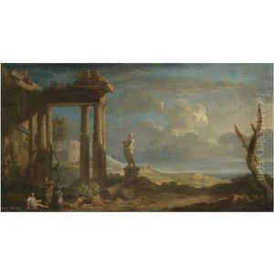 An Extensive Landscape With Figures Seated Beneath A Ruined Classical Temple, A Capriccio View Of The Colosseum And The Ocean Beyond by Jan Frans van Bloemen