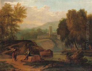 An Italianate Landscape With Figures Conversing On The Banks Of A River, Mountains Beyond