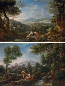 An Extensive Italianate Landscape With Herdsmen Conversing By A Stream (+ Another; Pair)