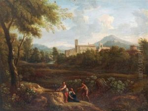 Veduta Dell'abbazia Di San Nilo Di Grotta Ferrata Con Figure, In Basso A Destra Traccia Di Firma(?) by Jan Frans van Bloemen