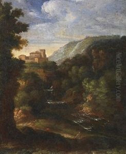 Sudliche Gebirgslandschaft Mit Wasserfall. Auf Einer Anhohe Ein Kastell by Jan Frans van Bloemen
