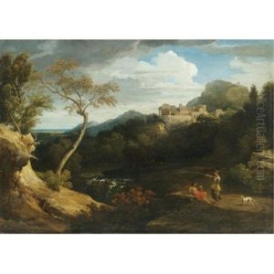 A View Of Tivoli, With Classical Figures Conversing In The Foreground