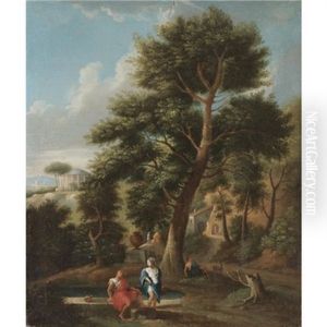 A Classical Landscape With Figures Resting Beside A Pool A Temple Beyond by Jan Frans van Bloemen