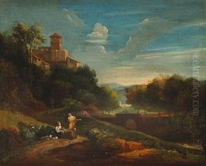 An Italianate Landscape With Figures Resting Beside A Country Path, A Hilltop Village Beyond by Jan Frans van Bloemen