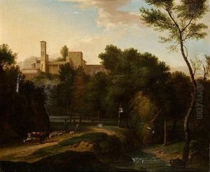 A Wooded Italianate Landscape With Shepherds Driving Their Livestock Beside A River In The Foreground, A Classical Villa On A Hill Beyond by Jan Frans van Bloemen