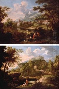 An Italianate Mountainous Landscape With A Shepherd Resting (collab. W/pieter Van Bloemen + An Italianate Landscape With Travellers Crossing A Stream; Pair) by Jan Frans van Bloemen