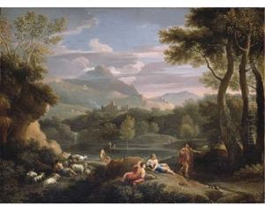 An Italianate Mountainous Landscape With Herdsmen Resting By A Path And A Man And A Woman By A River by Jan Frans van Bloemen