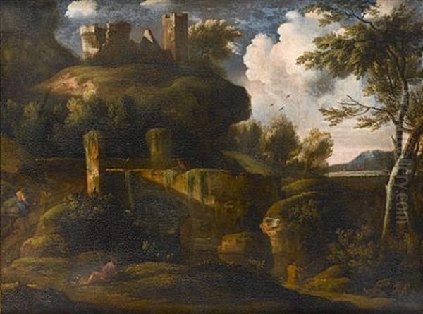 An Italianate Landscape With Travellers On A Bridge, A Hill-top Castle Beyond - view 1
