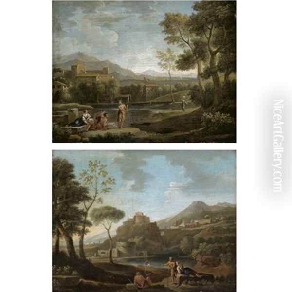 A Classical Landscape With Figures And A Lake And Hilltop Town Beyond (+ A Classical Landscape With Figures Conversing In The Foreground; Pair) - view 1