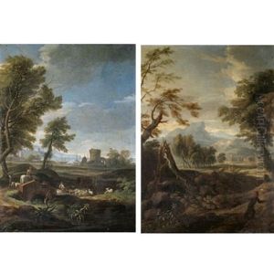 An Italianate Landscape With A Figure In The Foreground Ruins And A Hill Top Town Beyond (+ An Italianate Landscape With Drovers And Their Animals Crossing A Bridge, A Harour Beyond; Pair)