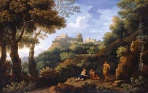 A Classical Landscape With Figures Reclining In The Foreground, A Hill-top Town Beyond by Jan Frans van Bloemen