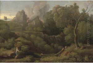 A Wooded Landscape With Figures In The Foreground, A Volcano Erupting Beyond by Jan Frans van Bloemen