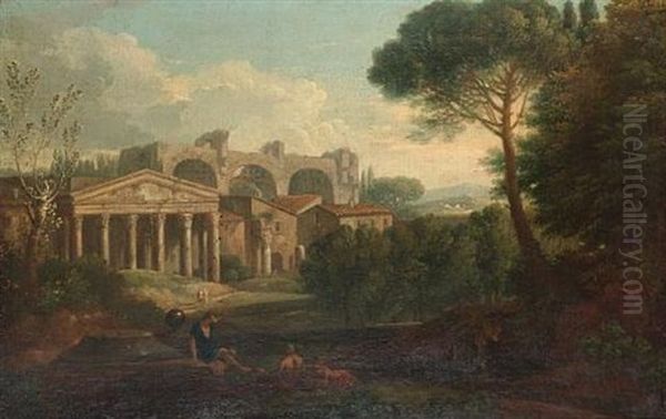 An Arcadian Landscape With Figures Resting Beside A Stream In The Foreground And Ruins Beyond (+ An Arcadian Landscape With A Temple In The Distance; Pair) - view 1