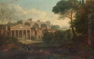 An Arcadian Landscape With Figures Resting Beside A Stream In The Foreground And Ruins Beyond (+ An Arcadian Landscape With A Temple In The Distance; Pair)