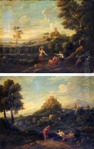 Classical Landscape With Figures In The Foreground And Hill-top Town Beyond (+ Another Similar; Pair)