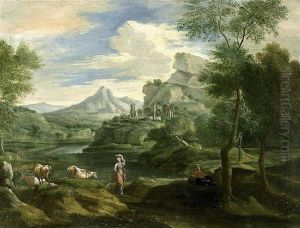 Paysage Italianisant Avec Personnages Et Betail Le Long D'une Riviere by Jan Frans van Bloemen