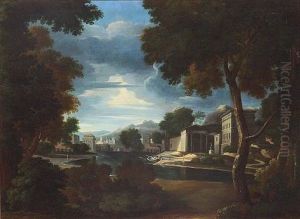 A Classical Landscape With A Town On A River And Numerous Figures