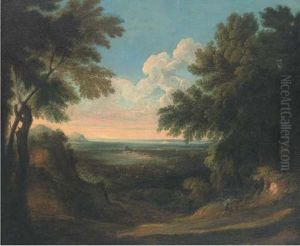 A Wooded Landscape With Two Figures In The Foreground