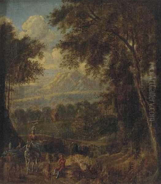A Mountain Landscape With Travellers On A Wooded Track - view 1