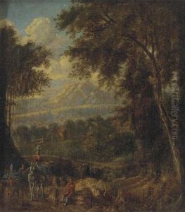 A Mountain Landscape With Travellers On A Wooded Track by Jan Frans van Bloemen