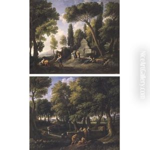 A Classical Landscape With Figures Collecting Water From A Fountain, Others Resting And Conversing In The Foreground (+ A Classical Landscape With Figures Conversing At A Fountain; Pair) by Jan Frans van Bloemen
