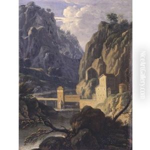 A Rocky Landscape With A Bridge And Buildings By A River A Rocky Landscape With A Bridge And Buildings By A River