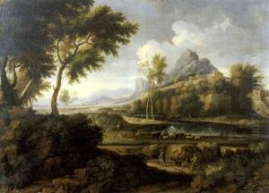 Paesaggio Fluviale Laziale Con Viandanti E Armenti, E Un Borgo Con Una Chiesa In Lontananza (attr.to Jan Frans And Pieter Van Bloemen) by Jan Frans van Bloemen