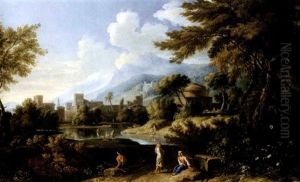 A Roman Landscape With Peasants Resting By A Lake, The Church Of San Andrea Del Vignola, A Town On The Far Shore And Mountains Beyond by Jan Frans van Bloemen