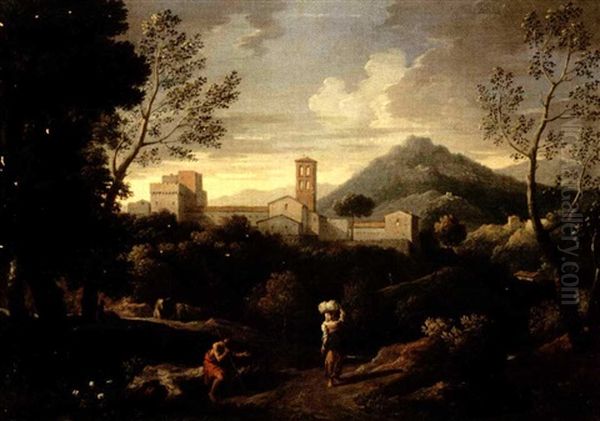 Paesaggio Classico Con Figure E Citta In Secondo Piano - view 1