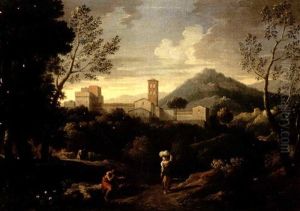 Paesaggio Classico Con Figure E Citta In Secondo Piano by Jan Frans van Bloemen