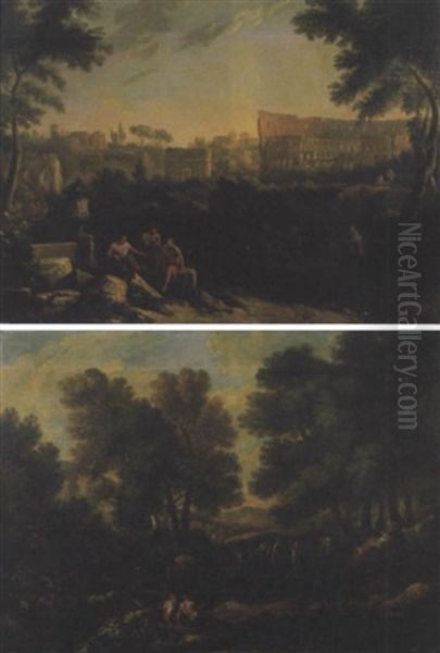 Astanti In Costume Classico Con Il Colosseo E L'arco Di Constantino - view 1