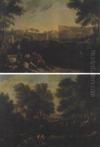 Astanti In Costume Classico Con Il Colosseo E L'arco Di Constantino