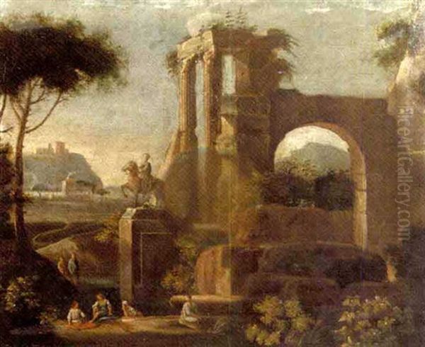 An Italianised Landscape With Bathers By A Classical Ruin - view 1