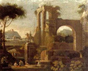 An Italianised Landscape With Bathers By A Classical Ruin