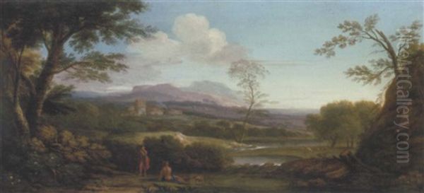 An Extensive Italianate Landscape With Shepherds By A River And A Village Beyond - view 1