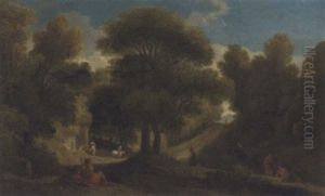 A Wooded Landscape With Figures Resting And Travellers On A Track by Jan Frans van Bloemen