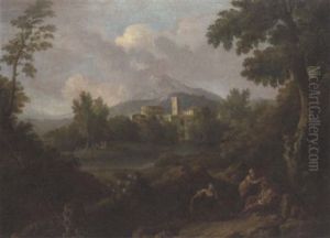 An Italianate Landscape With Classical Buildings And Figures By A Lake by Jan Frans van Bloemen