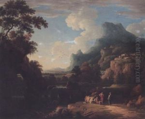 An Italianate Landscape With Figures Beside A Waterfall, A Hilltop Village Beyond An Italianate Landscape With Figures Beside A Waterfall, A Hilltop Village Beyond