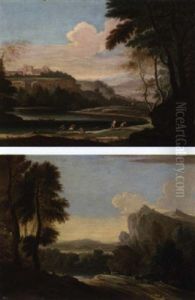 An Extensive River Landscape With Fishermen Hauling In Nets, A Hilltop Town Beyond by Jan Frans van Bloemen