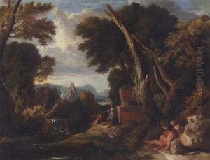 A Classical Landscape With Figures Resting Beside A River by Jan Frans van Bloemen