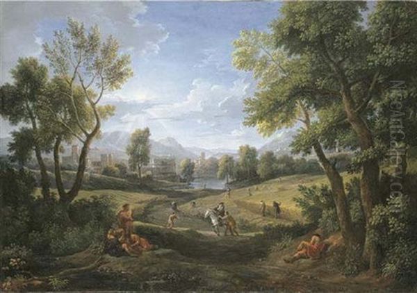 An Extensive River Landscape With Peasants During The Harvest, A Lakeside Town Beyond - view 1
