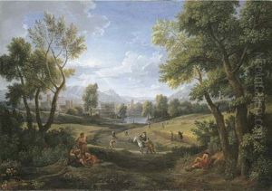 An Extensive River Landscape With Peasants During The Harvest, A Lakeside Town Beyond by Jan Frans van Bloemen