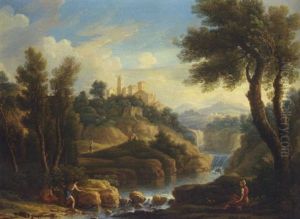 A Mountainous River Landscape With Fishermen And Other Figures, A Hilltop Town Beyond