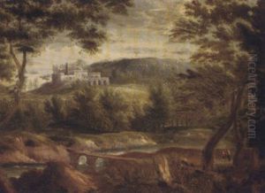 An Italianate Landscape With Figures By A Lake, A Town Beyond by Jan Frans van Bloemen