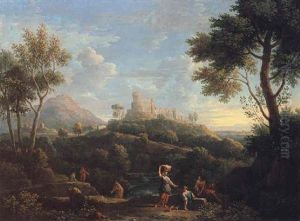 A Southern Landscape With Figures In The Foreground And A Hill-top Town Beyond by Jan Frans van Bloemen