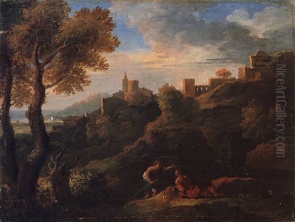 A Classical Landscape With Figures In The Foreground, A Walled Town Beyond - view 1