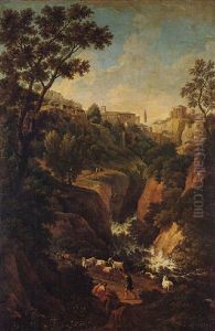 A Capriccio Of Tivoli, With Peasants And Animals By The Falls