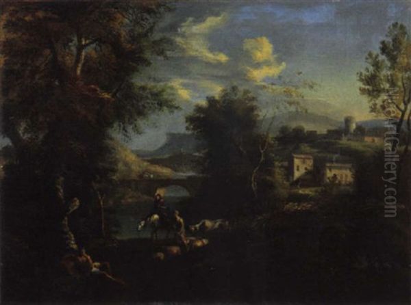 Paesaggio Classico Con Contadini Ed Armenti Presso Un Villaggio - view 1