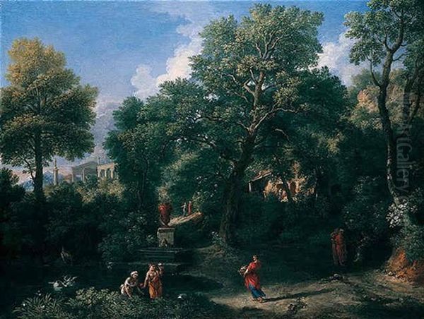 An Arcadian Landscape With Figures Bathing By A Pool, A Classical Temple Beyond - view 1