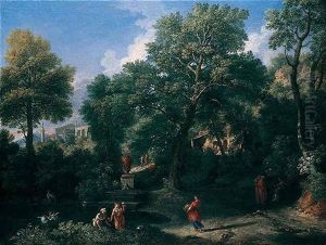An Arcadian Landscape With Figures Bathing By A Pool, A Classical Temple Beyond